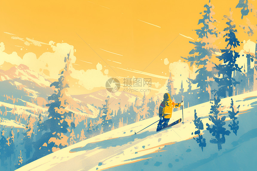 冬季的滑雪者插画图片