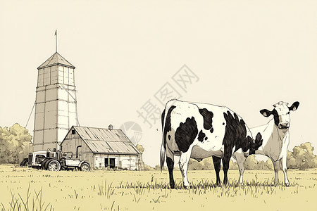 草地中的房屋和牛儿背景图片