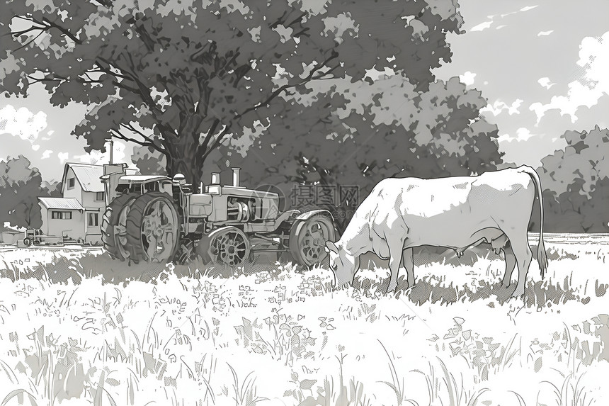 田间的牛和拖拉机图片