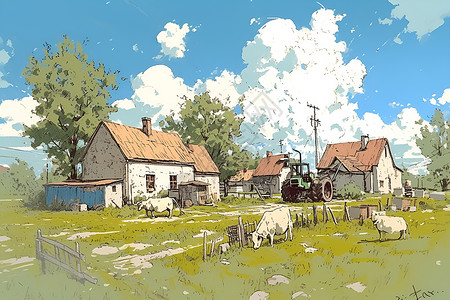 田间的木屋和牲畜牛背景图片