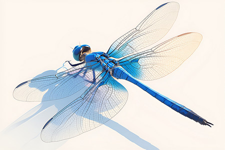 蓝色蜻蜓翱翔于纯白背景下背景图片