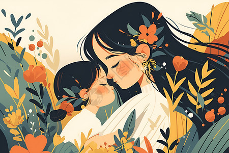 抱着妈妈女孩植物中抱着女孩的母亲插画