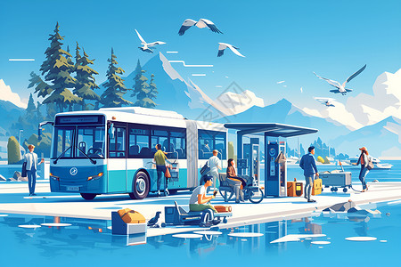 新能源公交车电动公交车在充电插画