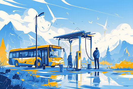 巴士车站电动公交车在车站充电插画