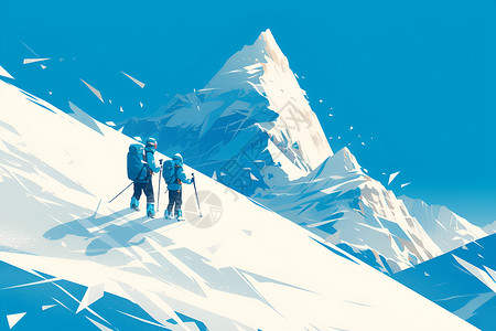 雪山红森林早晨攀登雪山的人插画