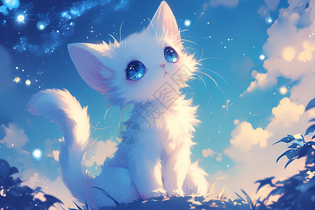 中国红星星空中的小白猫插画