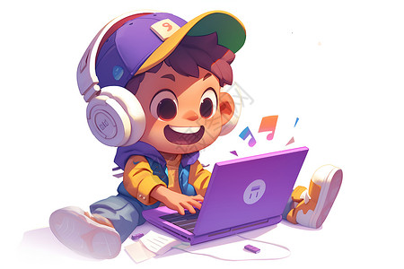 数码耳机素材快乐的男孩插画
