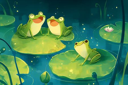 蛙科夜晚池塘中三只绿蛙插画