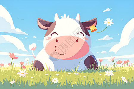 禽畜养殖快乐草原上的奶牛插画