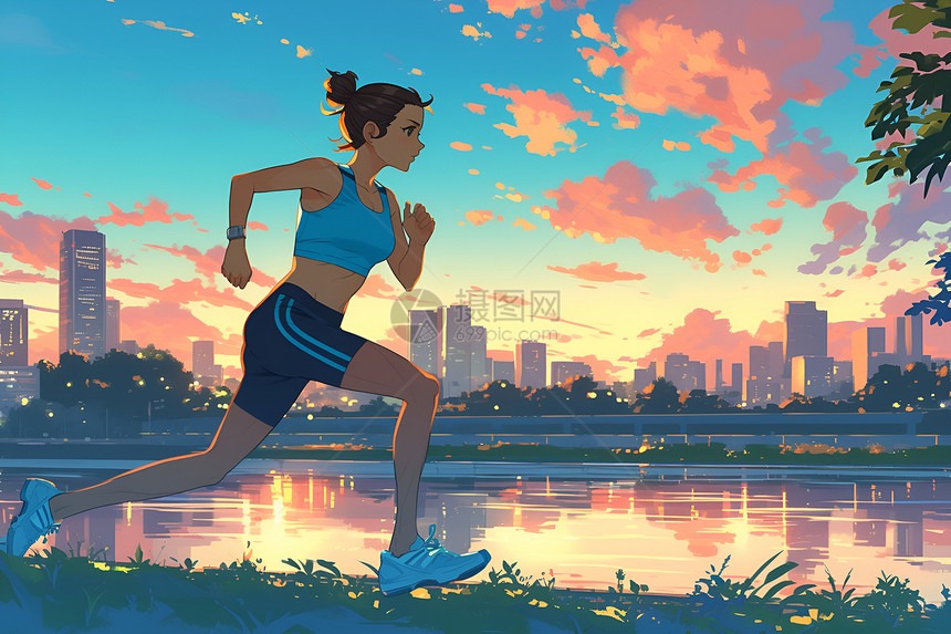 城市风景中奔跑的女孩图片