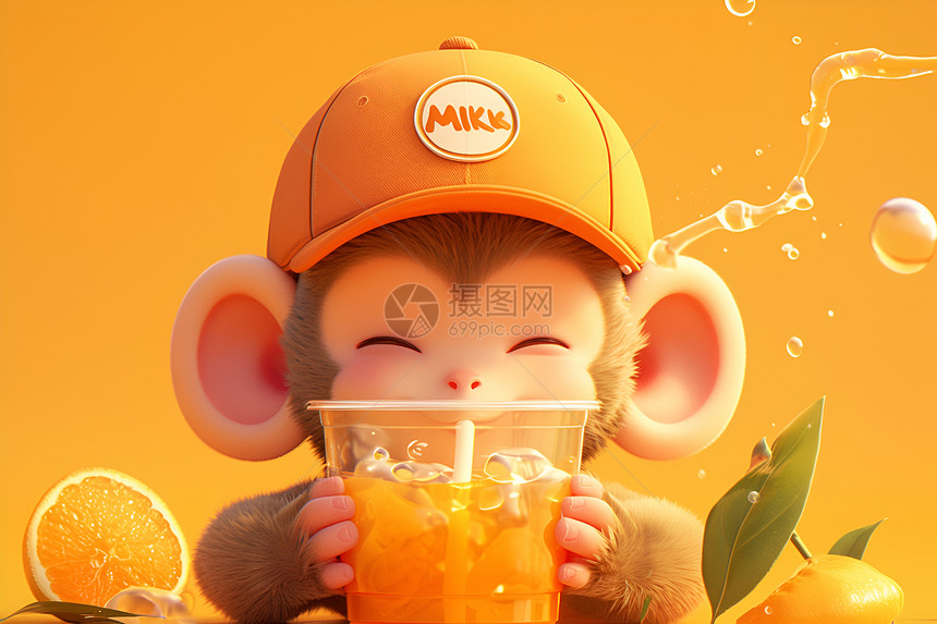 可爱的猴子喝着饮料图片