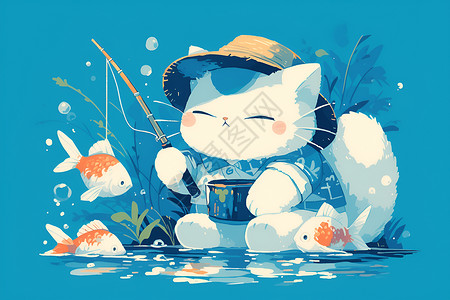 可爱猫咪钓鱼背景图片
