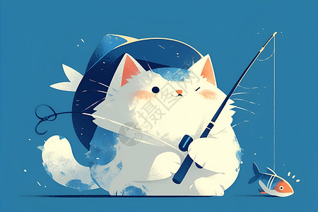 白猫钓鱼的插画背景图片