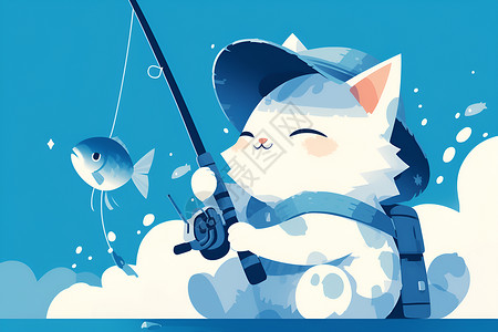 国外钓鱼猫咪在海上钓鱼插画