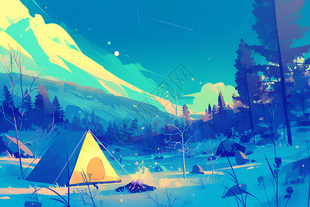 树林草地上的帐篷背景图片