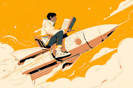 男人骑着火箭看书插画