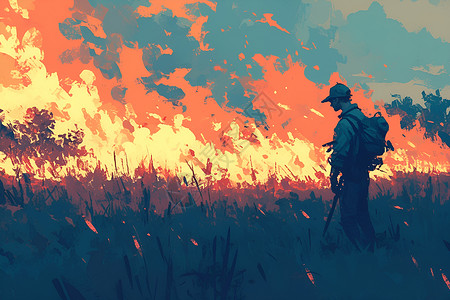 红旗下的士兵荒野火焰中的消防员插画