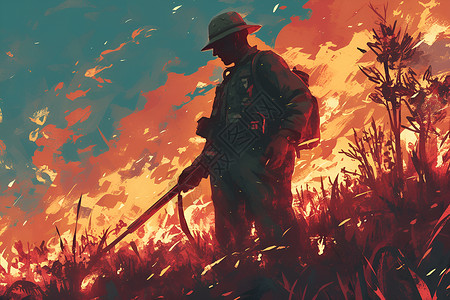 红旗下的士兵草地火焰里的士兵插画