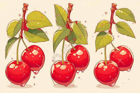 美味营养樱桃树枝上的樱桃插画