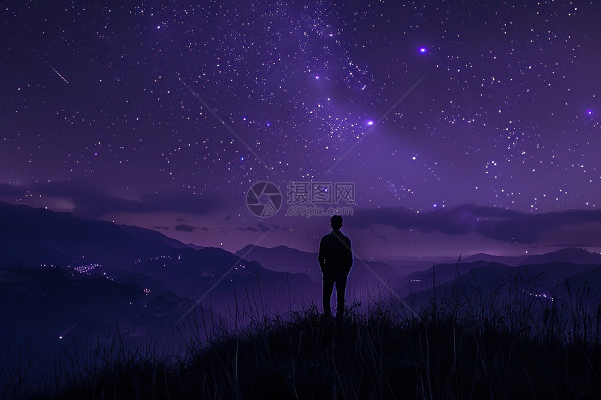 夜空中的男人站在山顶图片