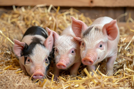 3只动物三只小猪在干草上背景