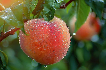树枝上成熟的桃子高清图片