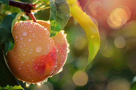 叶子上的水滴水滴滴在桃子上背景