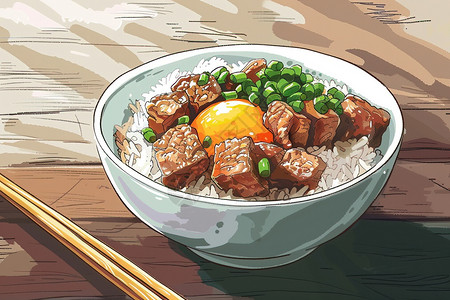 炸鸡饭美味的瘦肉鸡蛋饭插画