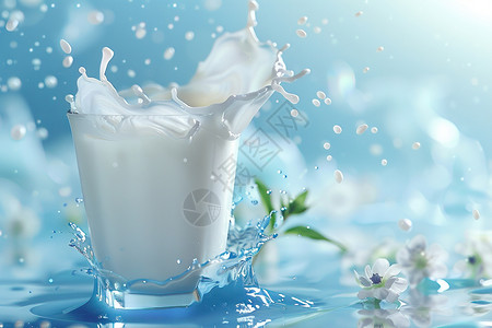 小花卷玻璃杯中的牛奶插画