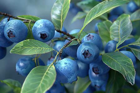 成熟的蓝莓树叶和果实高清图片