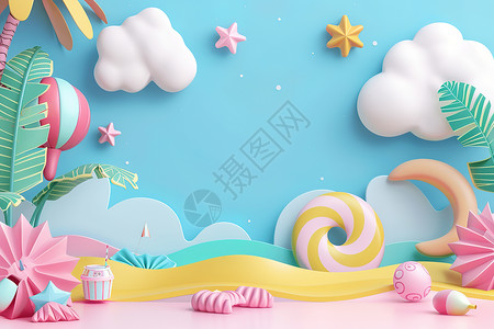 可爱云朵标签梦幻的海滩插画