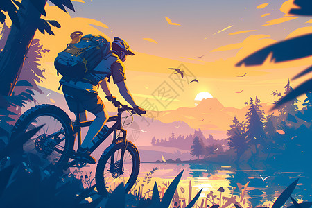 山地车骑行湖畔落日骑行的人插画