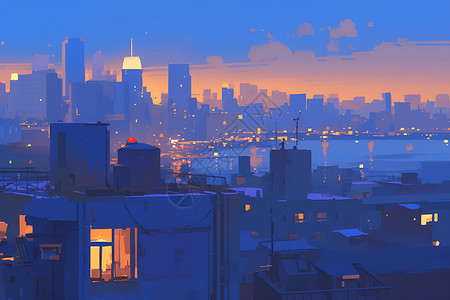 大厦夜夜空下的城市景观插画