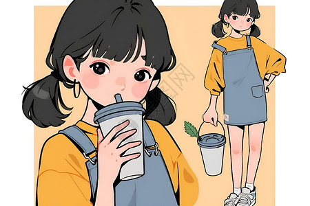 茶美女喝奶茶的可爱少女插画