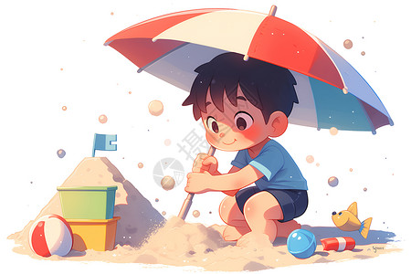 沙滩防晒玩沙子的男孩插画