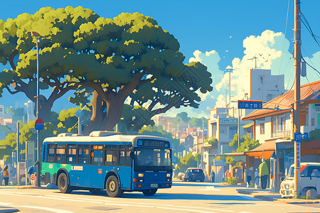 城市街区宁静街区的蓝色公交车插画