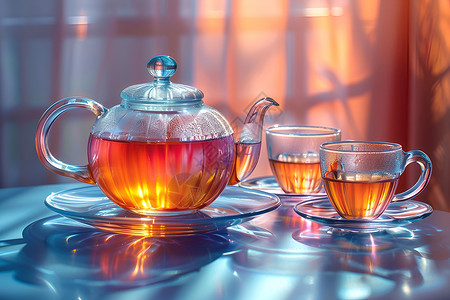 桌子上茶壶桌子上的玻璃茶具背景