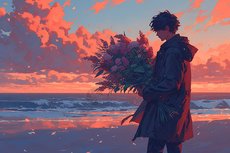 海边拿着花束的男孩插画