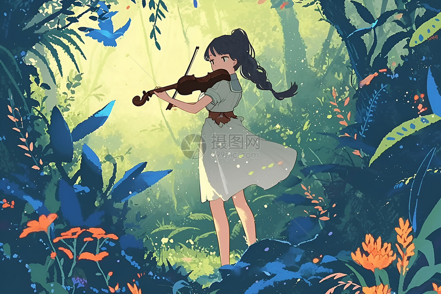 森林女孩弹奏小提琴图片