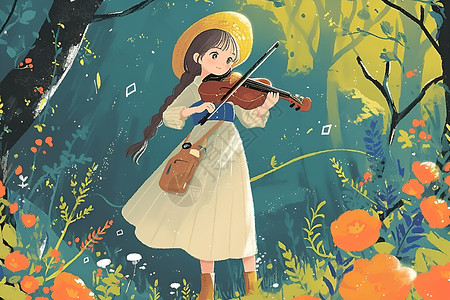 哈里拉女孩在森林里拉小提琴插画