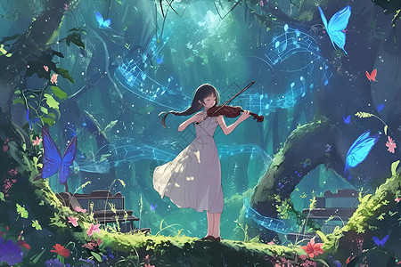 森林中音乐小提琴手插画