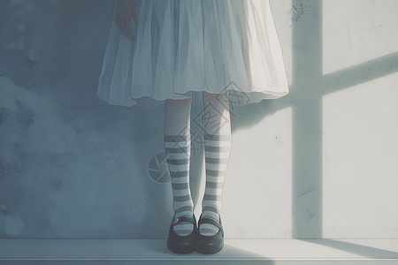 皮鞋袜子窗户前的女孩双腿插画