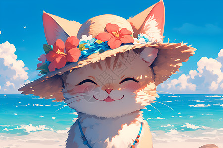 带着猫咪去度假猫咪戴着草帽插画