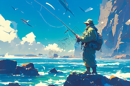 海边岩石海边钓鱼的人插画