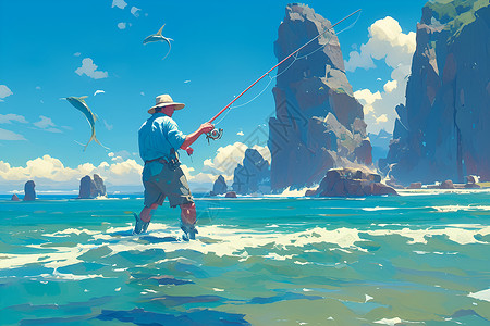 岩石海边渔夫在海边钓鱼插画
