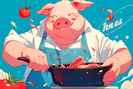 烹饪大厨一只猪在烹饪美食插画