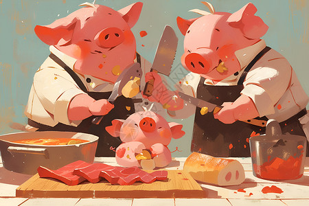 外国大厨可爱的小猪烹饪美食插画
