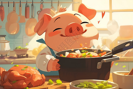 大厨卡通小猪厨师在厨房忙碌插画