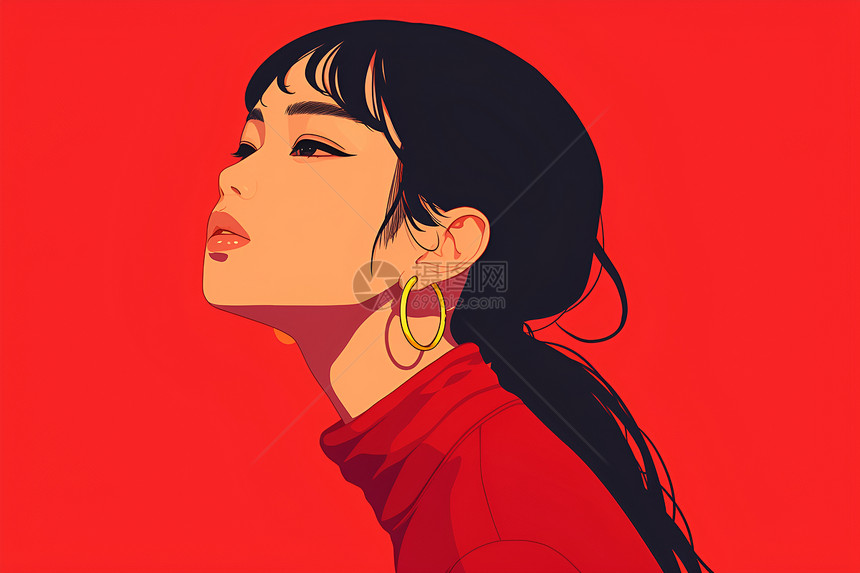 红衣少女唯美插画图片