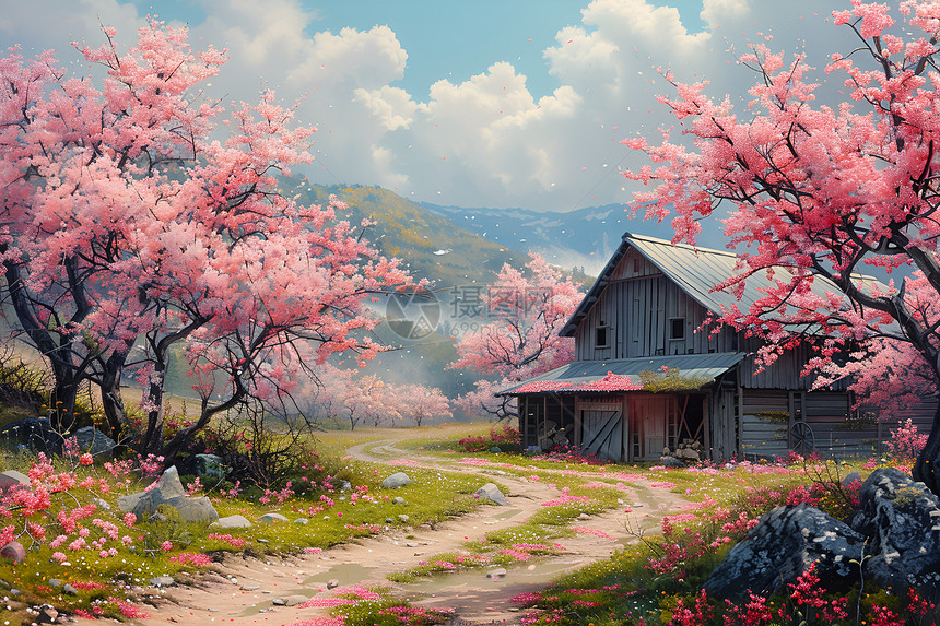 春色乡村樱花树图片